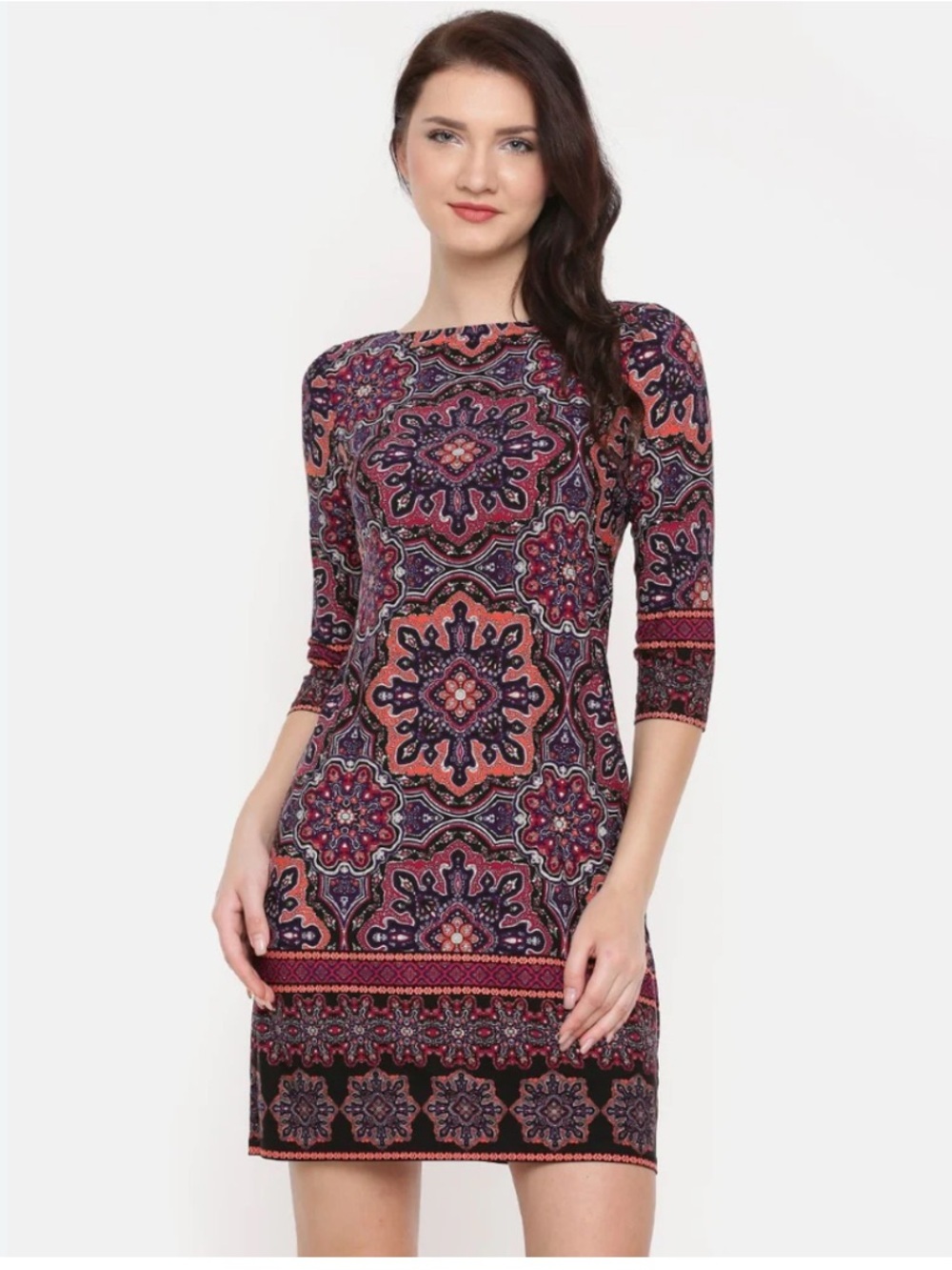 Paisley-Print Long Sleeve Sheath Dress in Coral and Deep Purple